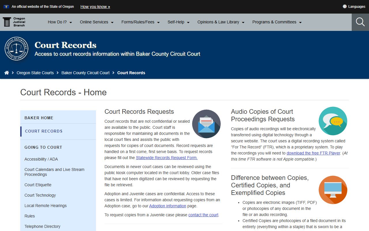 Baker County court records page for divorce record requests