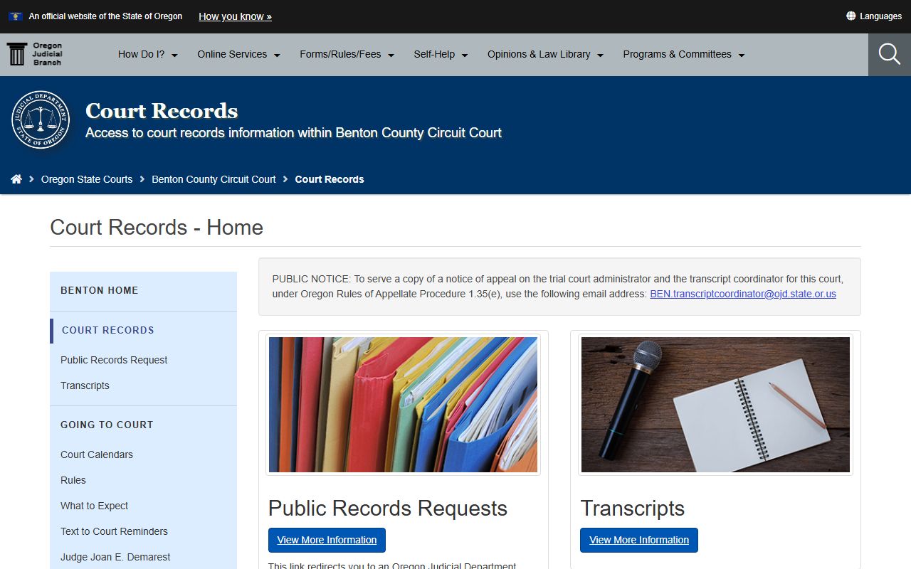 Benton County court records page for divorce record requests