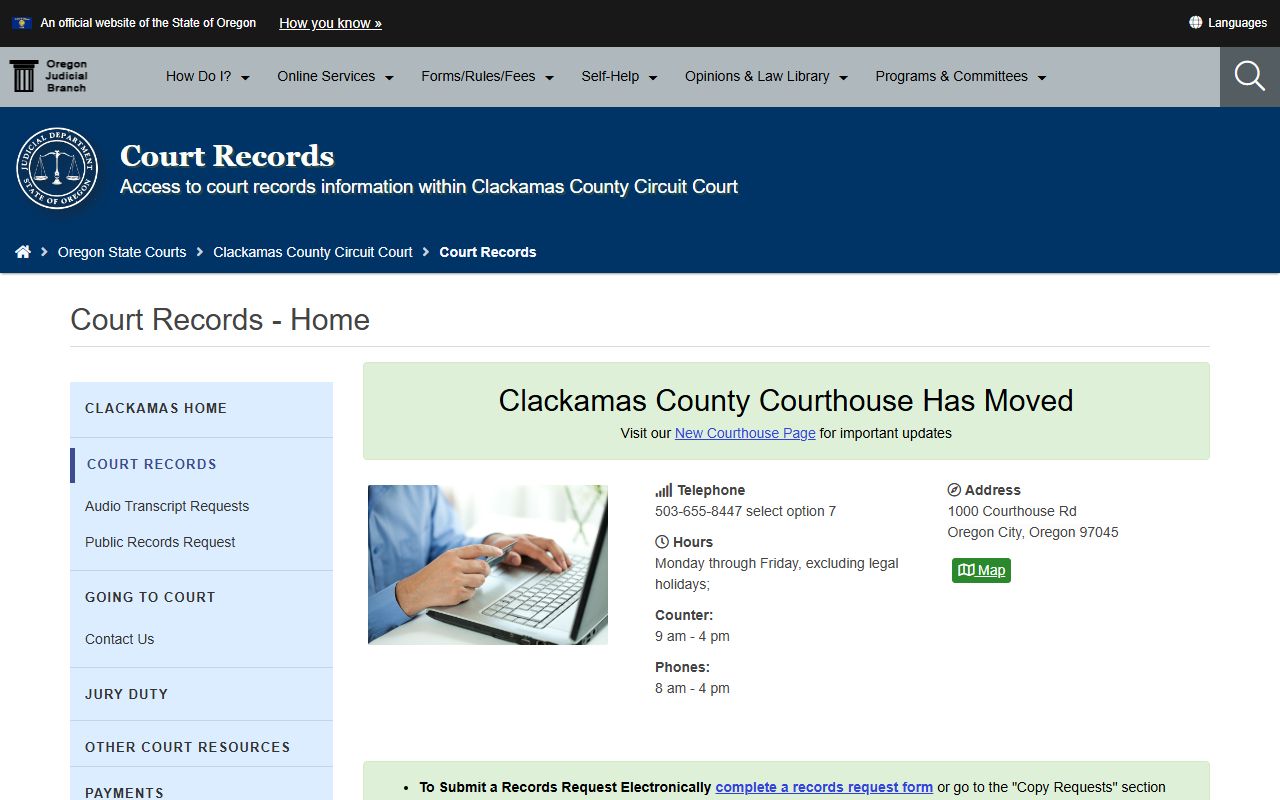 Clackamas County court records request page for divorce filings