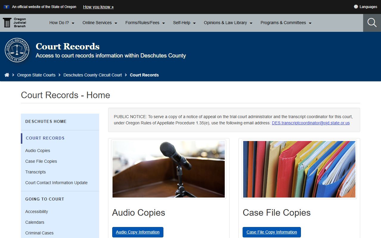 Deschutes County court records page for divorce filings