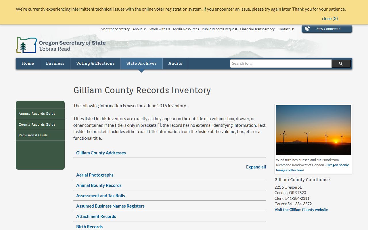 Gilliam County historical divorce records inventory at Oregon archives