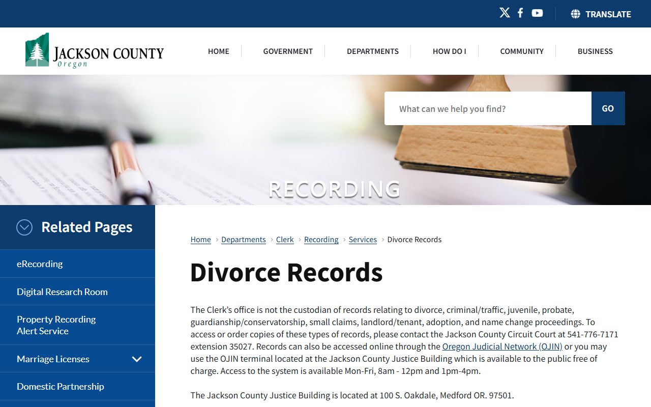 Jackson County Clerk divorce records services page