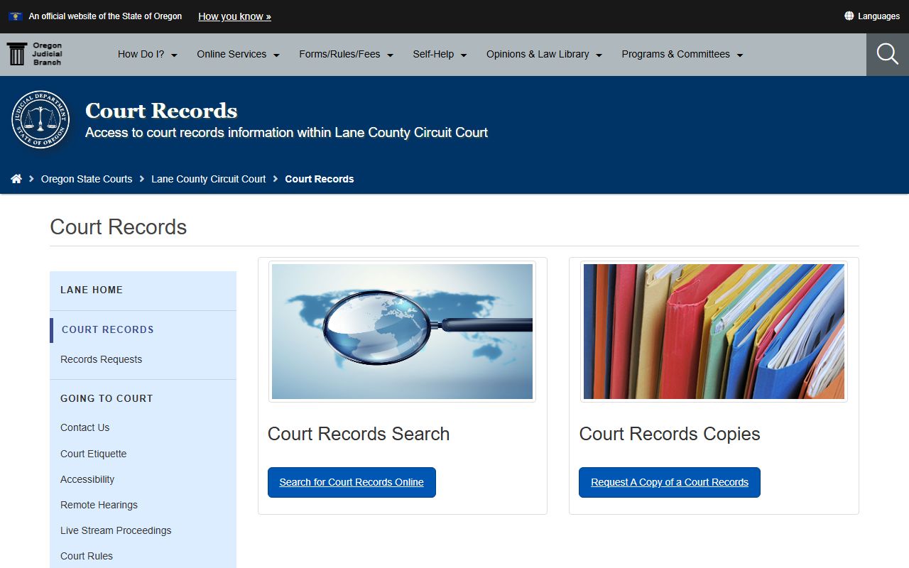 Lane County court records request page for divorce filings