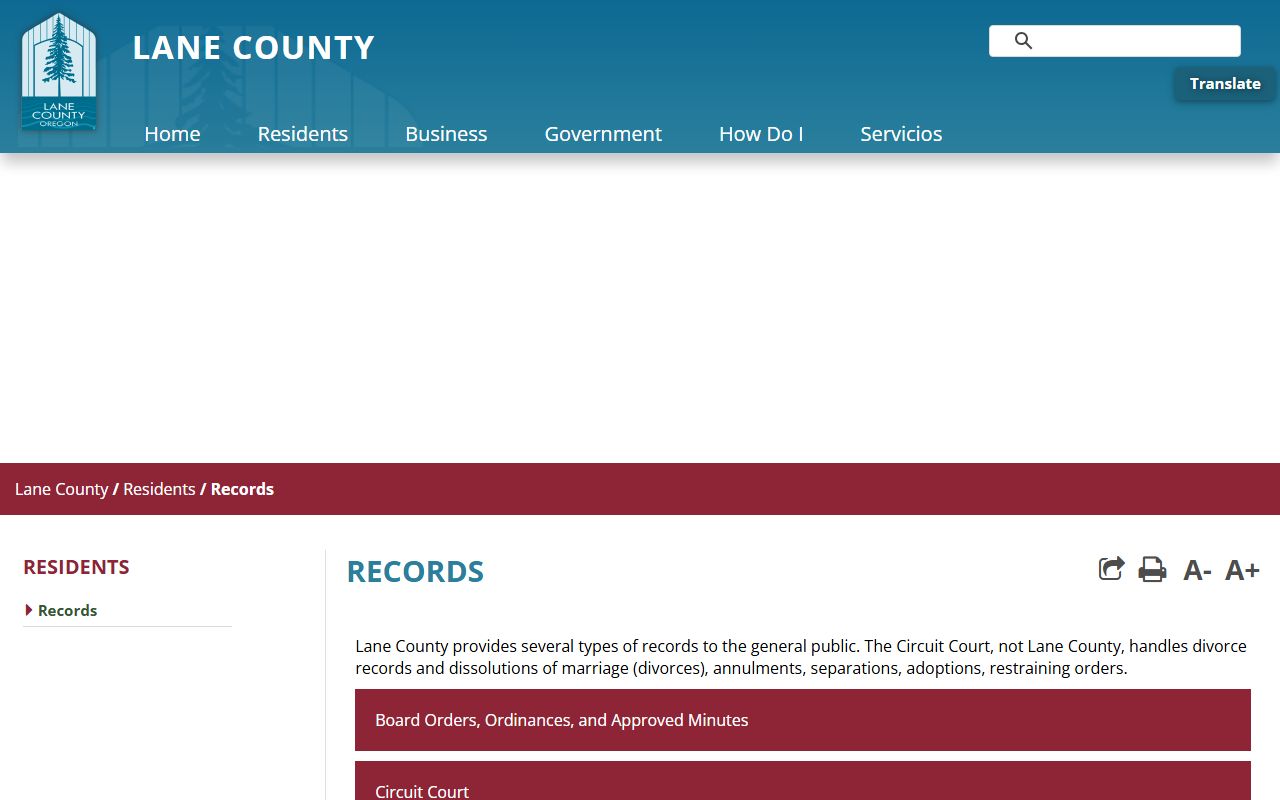 Lane County vital records page for marriage and divorce information