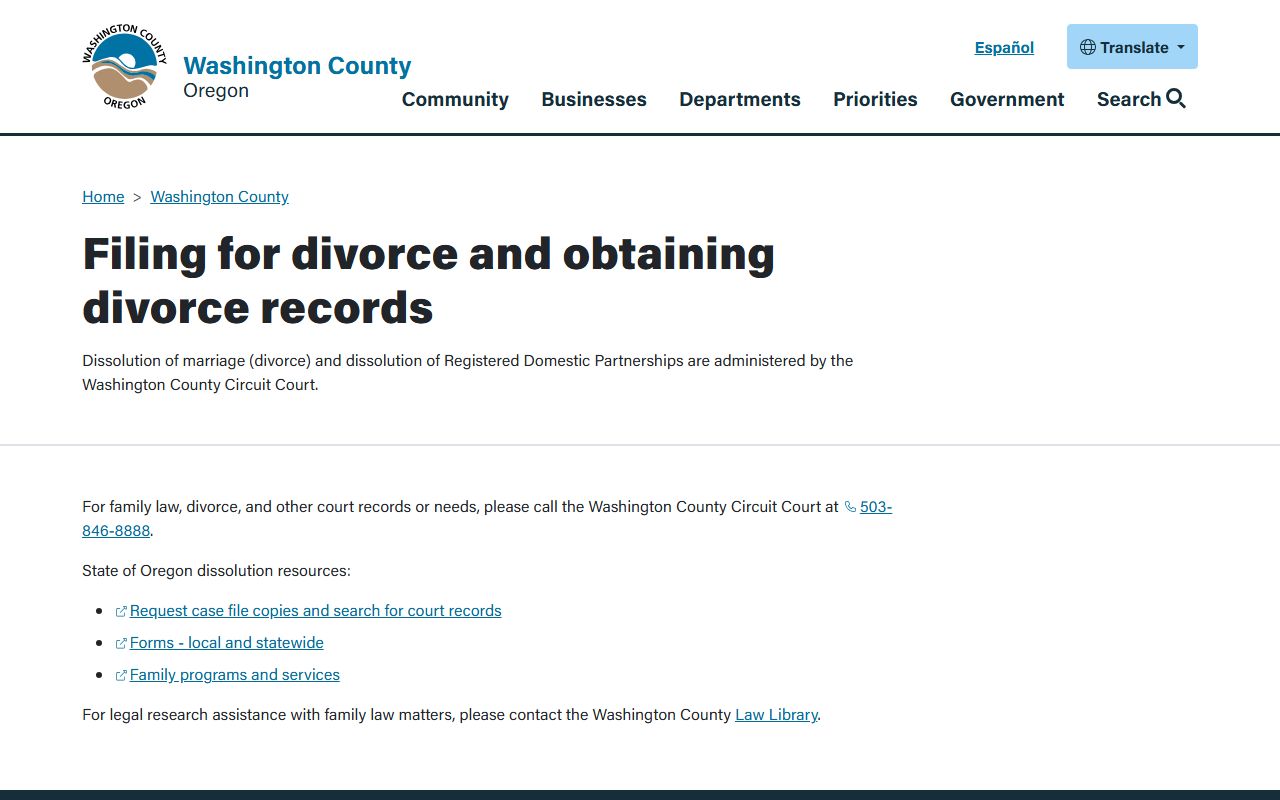 Washington County divorce filing information