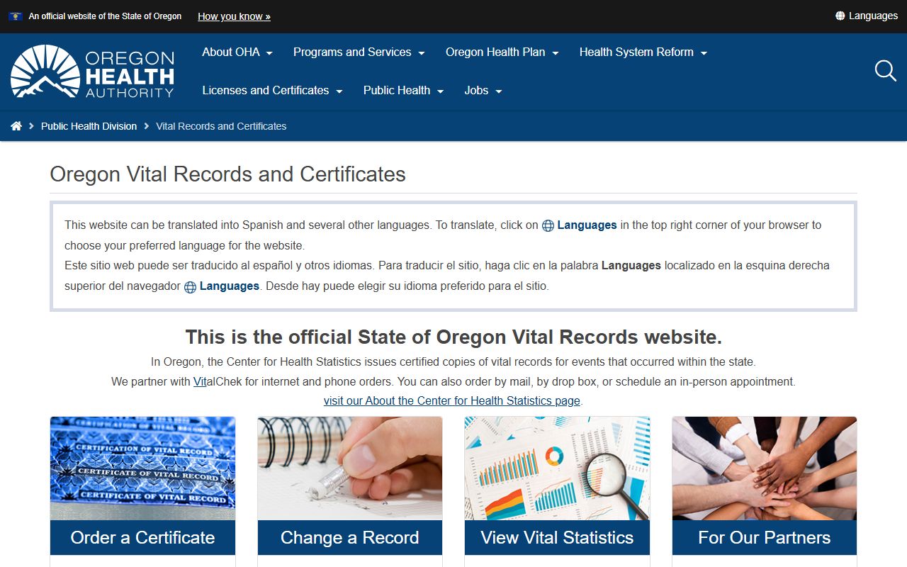 Oregon divorce certificate information page for Harney County residents