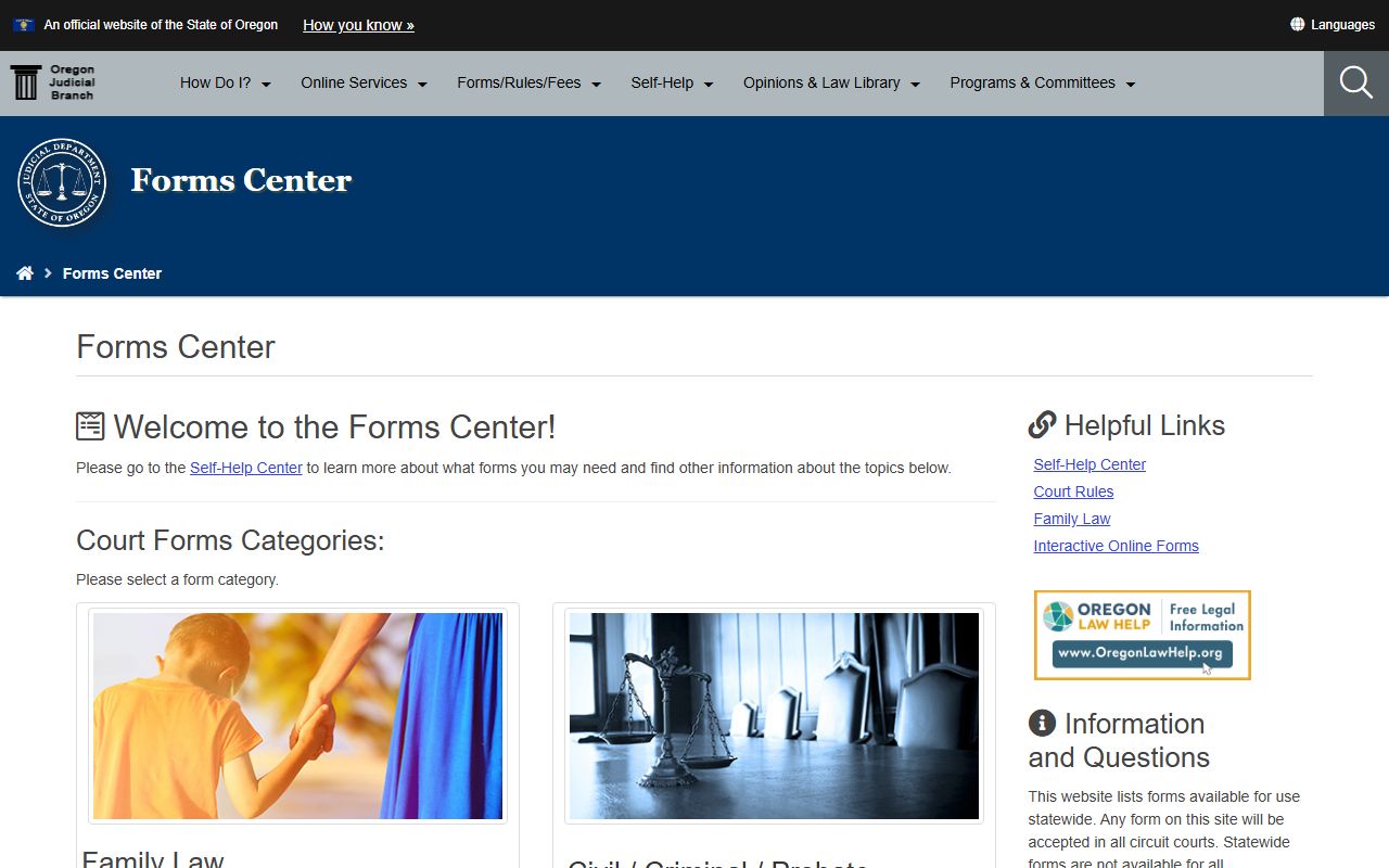 Oregon Courts page showing dissolution of marriage forms available